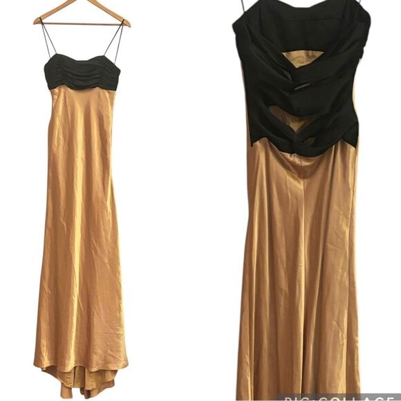 Favianna New York Satin Gold Black Open Laced Back Maxi Gown Dress 9/10 - Picture 1 of 9